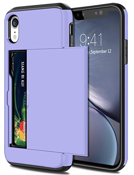 SAMONPOW Wallet Case for iPhone XR Case with Card Holder Protective Case Dual Layer Shockproof Hard PC Soft Hybrid Rubber Anti Scratch Case for iPhone XR 6.1 inch Light Purple