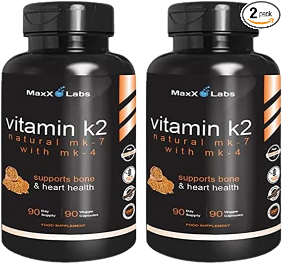 MaxX Labs Vitamin K2-600 mcg - Full Spectrum - Natural MK7 Natto and MK4 Plus Calcium 100 mg - Vitamins K MK-7   MK-4 - No GMOs, Vegan K2-MK7 Supplement Complex K2-7 M7-90 Veggie Caps