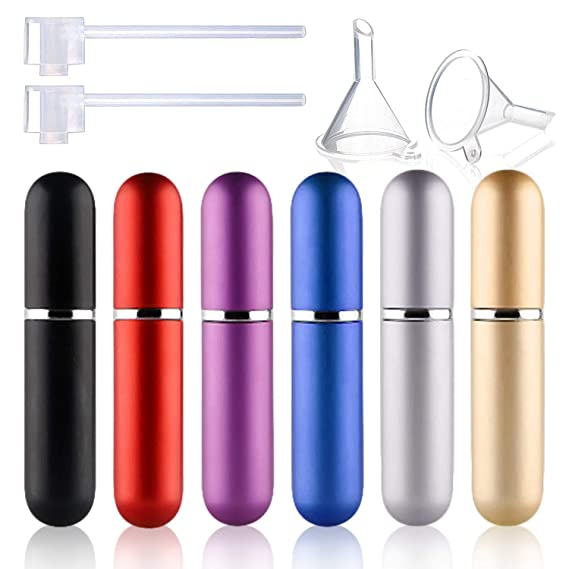6 Pack Mini Refillable Perfume Atomizer Bottle,Empty Spray Bottle in 5 ml Compatible with 2 Pieces Perfume Dispenser Pump and 2 Funnel Filler for Travel Purse (colorful 1)