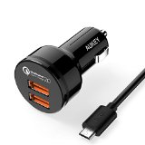 Aukey Quick Charge 20 36W 2 Ports USB Car charger Adapter Dual Turbo Rapid Ports both support QC 20 12V15A 9V2A 5V24A FREE Extra Long 33 ft Micro USB Cord Cable-Black
