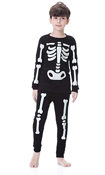 Hsctek Children Halloween Pajamas Set, Skeleton Bones Glow-in-The-Dark Pjs for Kid