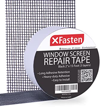 XFasten Window Screen Repair Tape for Windows or Doors- 2" x 15 Feet (3 Layers), Black, Waterproof Screen Tape Mesh Repair for Mending and Fixing Large Window Screen and Screen Door Tears and Holes