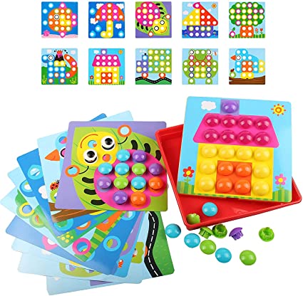 Button Art Toy for Toddlers, Color Matching Early Learning Educational Mosaic Pegboard , Safe Nontoxic ABS Plastic Premium Material, 10 Pictures and 46 Buttons