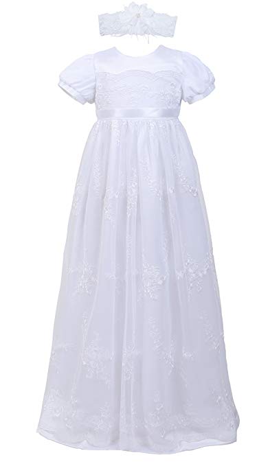 Baby Girls Newborn Christening Embroidered Gown Dress Outfit with Headband,0-15M