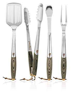Grillaholics Premium BBQ Grill Tools - Luxury 4-Piece Barbecue Utensils Grill Set - Wooden Gift Box Includes Barbeque Tongs, Meat Fork, Grill Spatula & Basting Brush - Lifetime Manufacturers Warranty