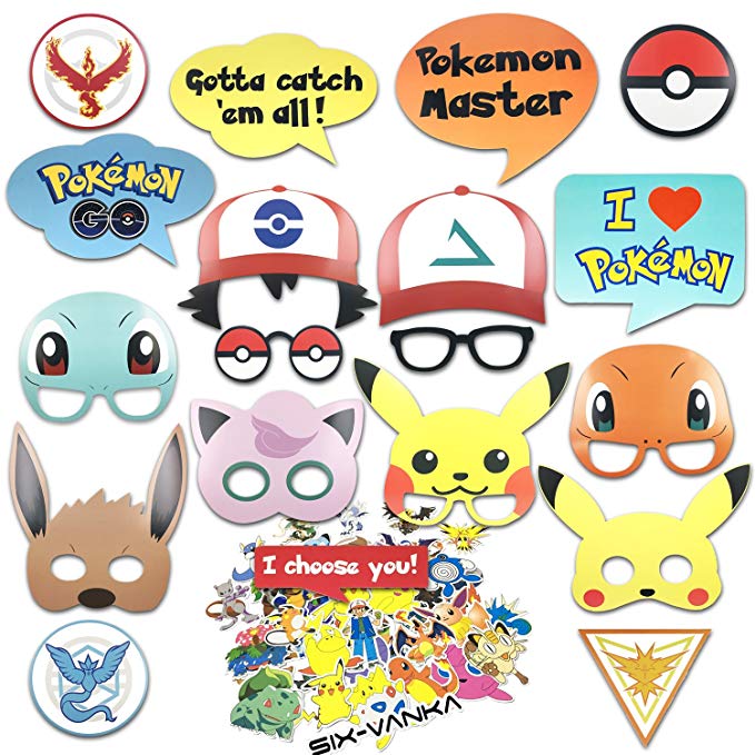 SIX VANKA Party Supplies - 19pcs Photobooth Props and 50pcs Pikachu Stickers for Special Birthday Party Themes DIY Kit Dress-up