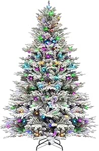 Hykolity 7.5 ft Prelit Snow Flocked Christmas Tree, 2806 PE&PVC Realistic Branch Tips, Artificial Twinkling Christmas Tree with 500 Color Changing LED Lights, Metal Stand and Hinged Branches, 11 Modes