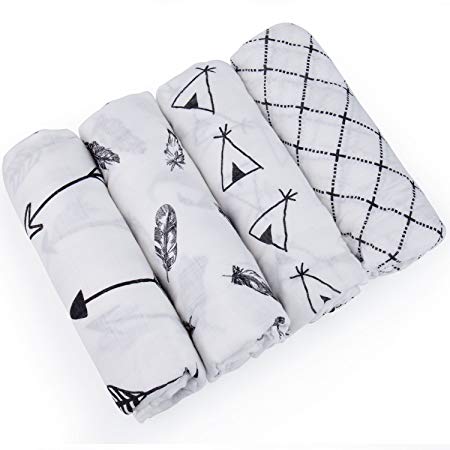 Baby Swaddle Blanket Upsimples Swaddle Wrap Soft Silky Muslin Cotton Swaddle and Bamboo Receiving Blanket for Baby Girls and Boys, Large 47 x 47 inches, 4 Pack-Arrow/Feather/Tent/Crisscross