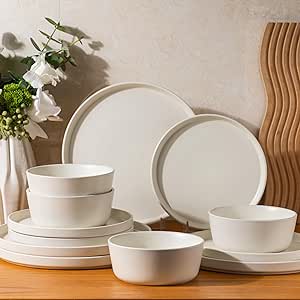 AmorArc Ceramic Dinnerware Sets of 4, Modern Flat Stoneware Plates and Bowls Sets,Chip and Crack Resistant | Dishwasher & Microwave Safe Dishes Set,Scratch Resistant- Service for 4 (12pc)-Matte Cream