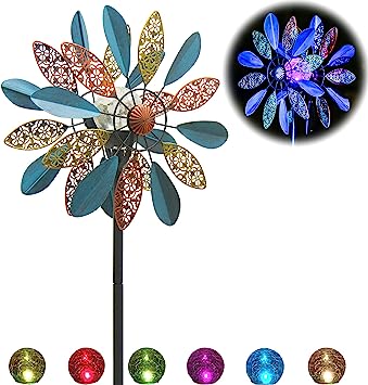 Solar Wind Spinner Arabesque 75in Multi-Color Seasonal LED Lighting Solar Powered Glass Ball with Kinetic Wind Spinner Dual Direction for Patio Lawn & Garden, Easy to Assemble and LED Color Changing