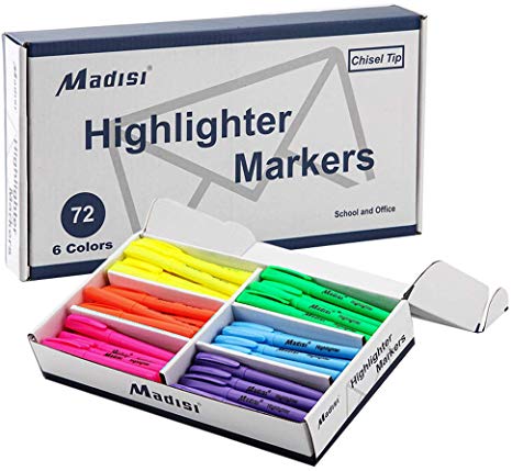 Madisi Highlighters, Chisel Tip, Assorted Colors, Bulk Pack, 72-Count