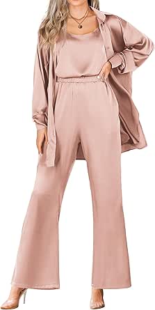 Ekouaer Womens Silk 3 Piece Pajamas Satin Camisole Loungewear Set Button-Down Cardigan with Loose Pants S-XXL