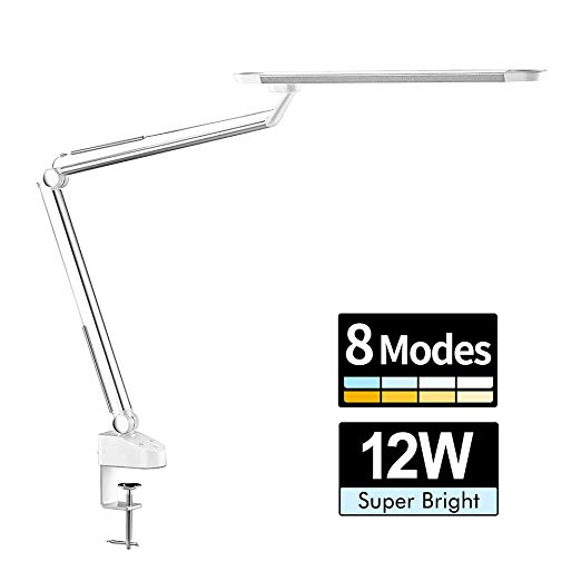 Amico 13W LED Architect Desk Lamp/Clamp Lamp/Metal Swing Arm Task Lamp (Eye-Protective, Touch Control, Gradural Dimming/8 Color Modes, Memory Function) Highly Adjustable Office/Work Light Silver