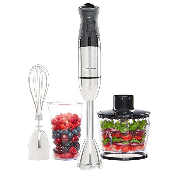 Andrew James Hand Blender and Processor, 1000W, with 600ml Food Processor Bowl and 500ml Beaker Attachment