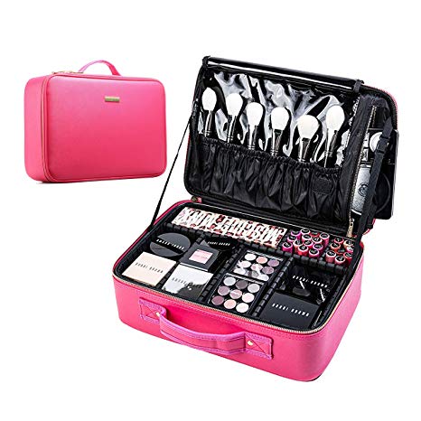 ROWNYEON Makeup Case Travel Makeup Bag Makeup Organizers Bag Makeup Train Case Professional Portable Cosmetic Bag for Women Waterproof PU Leather EVA Adjustable Dividers Gift for Girls Medium pink