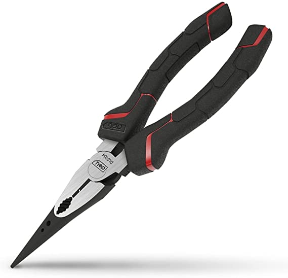 Deli Tools Effortless Long Nose Pliers, 8 Inch Heavy Duty 60# Chrome vanadium steel alloy Combination Pliers Professional Needle Nose Spring Loaded Pliers for Cutting Clamping Pinching