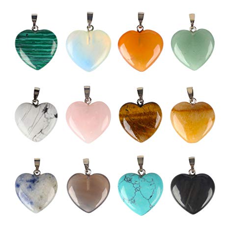 Wholesale 12 PCS Heart Shaped Natural Stone Pendants Healing Chakra Reiki Love Charm Bulk for Jewelry Making