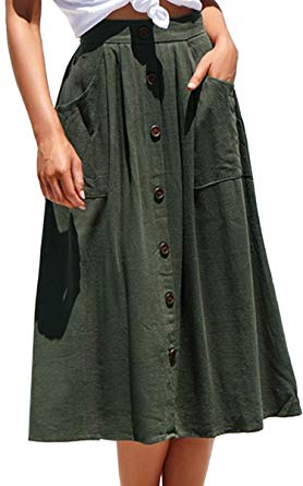 Angashion Women's Skirts - Vintage Button Front Solid A Line Midi Skirt with Pockets