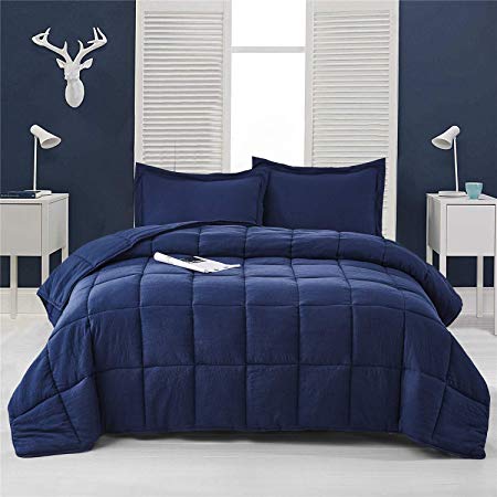 HIG Pre Washed Down Alternative Comforter Set Twin -Reversible Shabby Chic Quilt Desgin -Box Stitched with 4 Corner Tabs -Lightweight for All Season -Navy Blue Duvet Comforter with 2 Pillow Shams