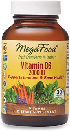 MegaFood, Vitamin D3 2000 IU, Immune and Bone Health Support, Vitamin and Dietary Supplement, Gluten Free, Vegetarian, 30 Tablets (30 Servings)