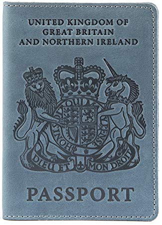 Shvigel Leather Passport Holder - for Men & Women - British Passport Cover Case (Light Blue Vintage)