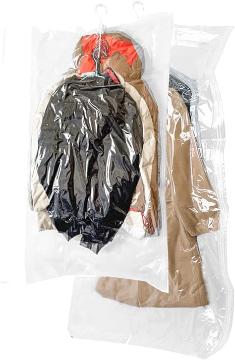 Hanging Vacuum Storage Bags, GQC 2 PCS Space-saving Vacuum Bag for Clothes, Suits, Dresses, Coats or Jackets, Clear & Reusable Closet Organizer with (1 Long 145x70cm & 1 Short 105x70cm)