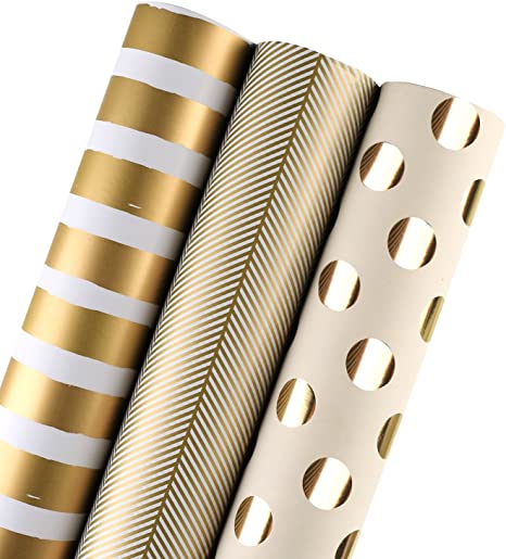 WRAPAHOLIC Wrapping Paper Roll - Gold Print for Birthday, Holiday, Wedding, Baby Shower - 3 Rolls - 30 inch X 120 inch Per Roll