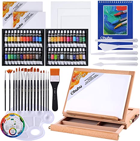 Acrylic Painting Set, Ohuhu 78pcs Artist Set with 48 Non Toxic Acrylic Paint Tubes, Wood Table-Top Easel Box, Art Painting Brushes and Acrylic Painting Pads for Artists Adult Painting