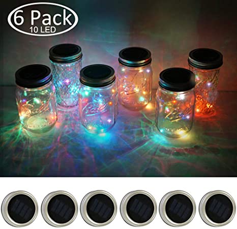6 Pack Solar Mason Jar Lights 10 LED, Fairy Firefly Waterproof Lamp for Garden Deck Party Wedding Christmas Lighting Decoration (5 Colors Without Hanger)