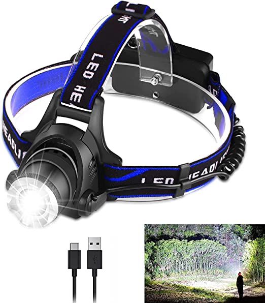 LED Headlamp USB Rechargeable, Head Lamp Super Bright 8000 High Lumen with 3 Modes, Zoomable, Waterproof Headlight for Camping Hunting Running Fishing Biking