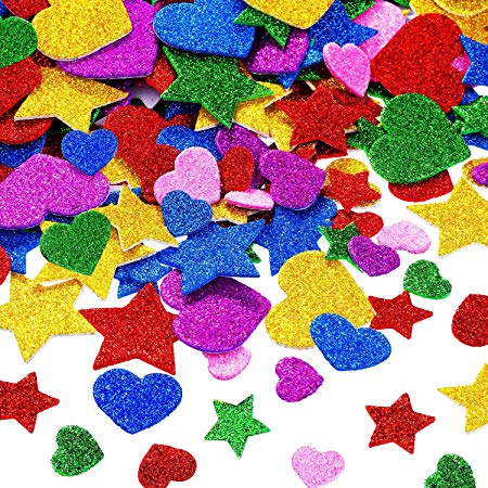 Tatuo Foam Glitter Stickers Foam Hearts Star Shapes Stickers Colorful Self Adhesive Foam Stickers for Valentine's Day Cards, Kid's Arts Craft Supplies (300 Pieces)