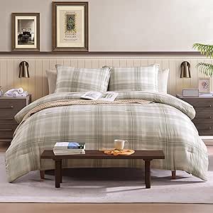 Beige Comforter Full Size, Khaki Green Plaid Full Size Comforter Sets for Boys & Girls,Classic Homestead-style Bedding Sets Full with Full Size Bed Sheets and Comforter Set