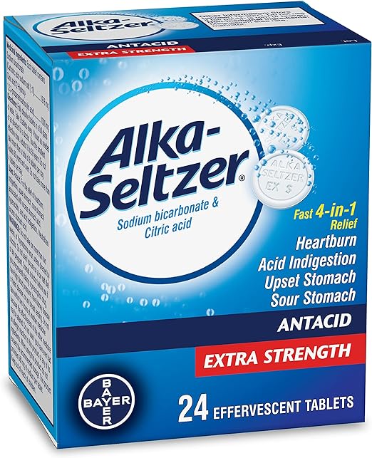 Alka-Seltzer Antacid Heartburn Relief Effervescent Tablets - Extra Strength Antacid Tablets For Heartburn, Acidity, Upset Stomach, Sodium Bicarbonate And Citric Acid, 24 Effervescent Tablets