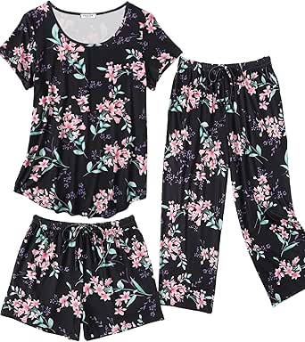 Ekouaer 3 PCS Capri Pajamas for Women Set Short Sleeve Pajama Sets Floral Pj Sets Soft Sleepwear with Pockets