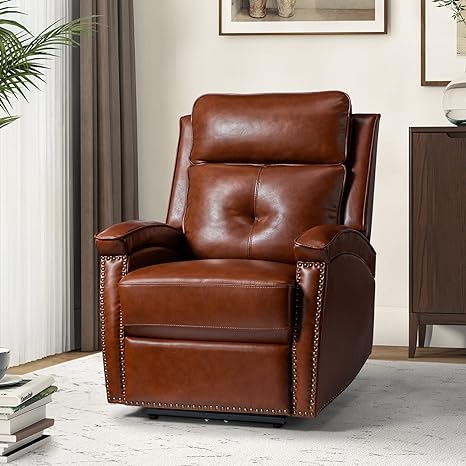 HULALA HOME Genuine Leather Power Recliner with USB Port, Modern Electric Recliner Chair with Nailhead Trim & Metal Base, Comfy Upholstered Sofa Chair for Living Room Bedroom Home Theater, Brown