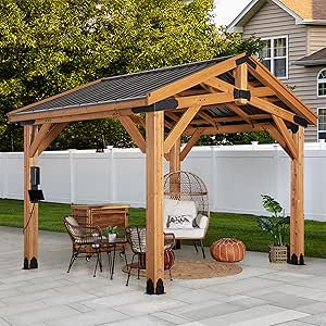 Backyard Discovery Norwood 12 ft. x 10 ft. Cedar Wood Gazebo Pavilion,Thermal Insulated Hard Top Steel Roof, Durable, Supports Snow Loads and Wind Speed, Rot Resistant, Backyard, Deck, Garden, Patio