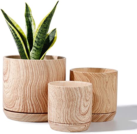 POTEY 053112 Ceramic Pots for Plants - Wooden Pattern Cylinder Planter for Indoor Plants Flower Succulent with Drainage Hole, Set of 3(3.9   4.7   6.2 Inch Diameter, Plant NOT Included)