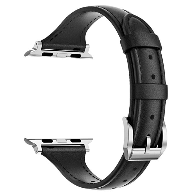 Wearlizer Black Compatible for Apple Watch Slim Genuine Leather Bands 42mm 42mm Womens Mens for iWatch Sport Strap Wristband Replacement Cool Bracelet (Metal Silver Buckle) Series 4 3 2 1 Edition