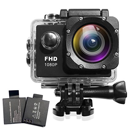 Action Camera,Full HD 1080P Sport Camera 2.0 Inch LCD Display 120 Degree Wide Angle Lens Outdoor Waterproof Camera Recorder Include 2pcs Battery