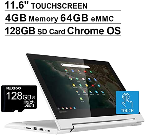 2020 Lenovo Chromebook 11.6 Inch Touchscreen 2-in-1 Laptop, MediaTek MT8173C 2.1 GHz, 4GB LPDDR3 RAM, 64GB eMMC, WiFi, White, Chrome OS   NexiGo 128GB SD Card Bundle