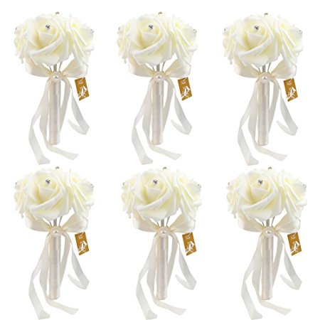 Bridal Wedding Bouquet - OurWarm Crystal Roses Pearl Bridesmaid Bouquets Artificial Silk Flowers - 6 Pack