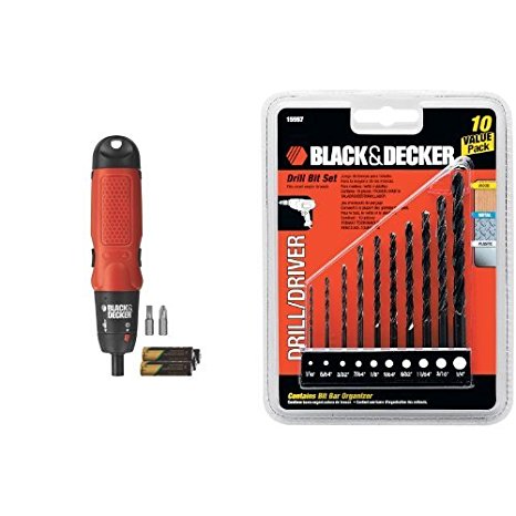 Black & Decker AS6NG Alkaline Cordless Screwdriver with 15557 Drill Bit Set, 10-Piece