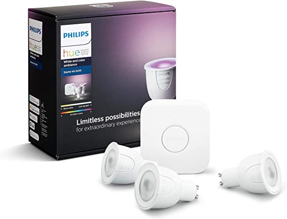 Philips Hue White and Colour Ambiance Starter Kit: Smart Bulb 3x Pack LED [GU10 Spot] Includes, Bridge (Works with Alexa, Google Assistant and Apple HomeKit)