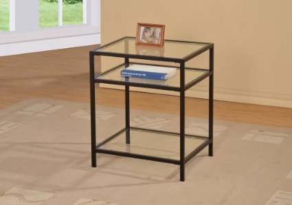 Black Metal Glass Accent Side End Table with Shelf