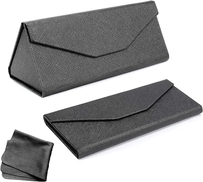 EQLEF Foldable Sunglasses Case, Triangle Folding Glasses Case With Cleaning Cloth PU Leather Glasses Case Hard Shell Eyeglasses Case for Grils Women Man