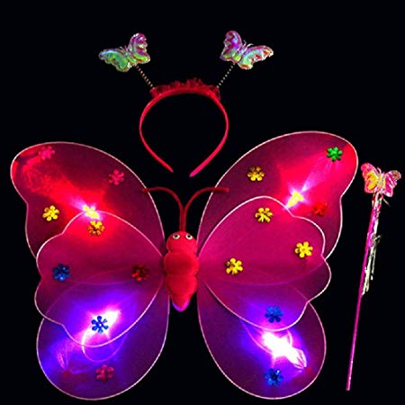HP95(TM) 3pcs/Set Girls Led Flashing Light Fairy Butterfly Wing Wand Headband Costume Toys (Hot Pink)