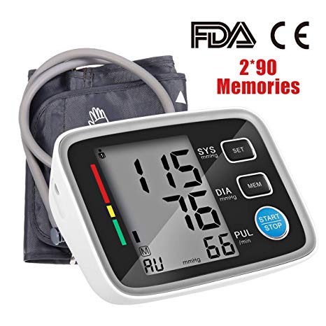 Upper Arm Blood Pressure Monitor,Hizek Digital Automatic Measure Blood Pressure and Heart Rate Pulse with Wide-Range Cuff,Large LCD Display,2 x 90 Memories Heartbeat Detector for Home Use