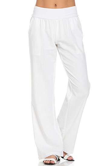 Poplooks Women's Comfy Fold Over Linen Pants