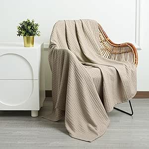 PHF Soft Waffle Weave Throw Blanket 50’’x60’’ - Lightweight and Breathable Woven Blankets Perfect for Summer - Great Decor for Couch Bed Sofa - Khaki