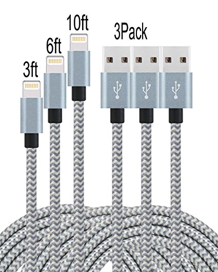 E-POWIND [3,6,10]ft Lightning Cable with Ultra-compact Connector Charging Cable Cord For iPhone7/7plus/6/6plus/6s/6splus,iPhone 5/SE, iPad, iPod on Latest IOS10.(GRAY WHITE)